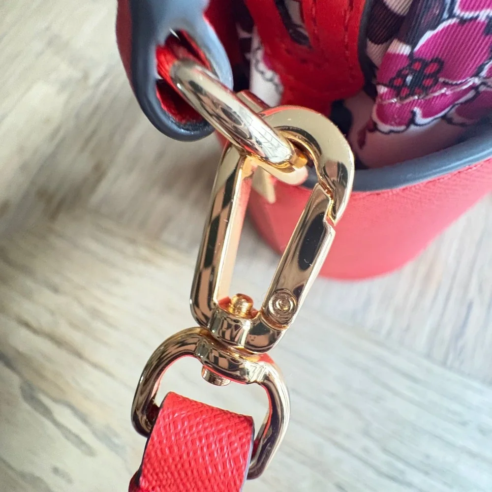 $328 TORY‎ BURCH Emerson Mini Bucket Bag Coral Leather Floral Insert Crossbody